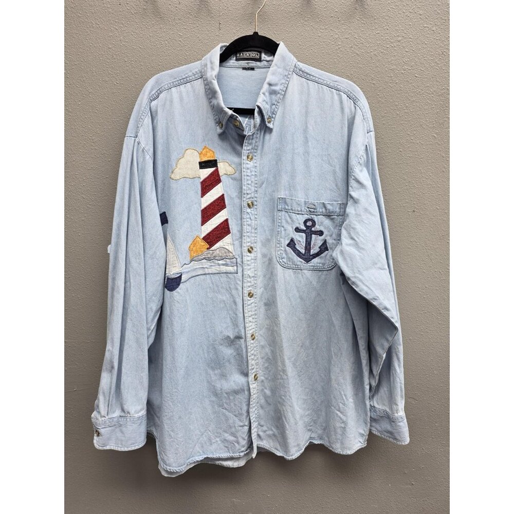 Vintage LA Loving Shirt Womens Large Denim Nautical Lighthouse Sailboat 90s
